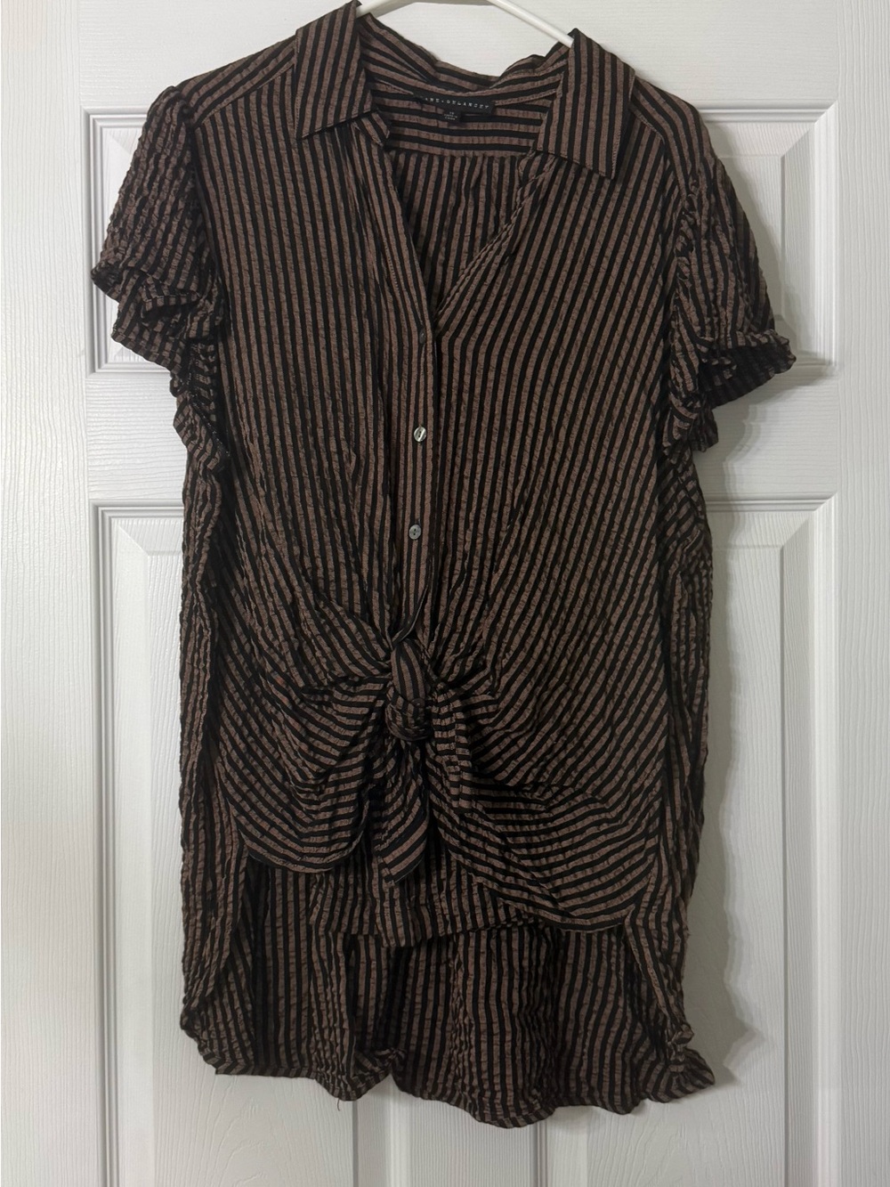 Jane and Delancey Black and Brown Striped Tie-Front Blouse & Wide Leg Pantsuit
